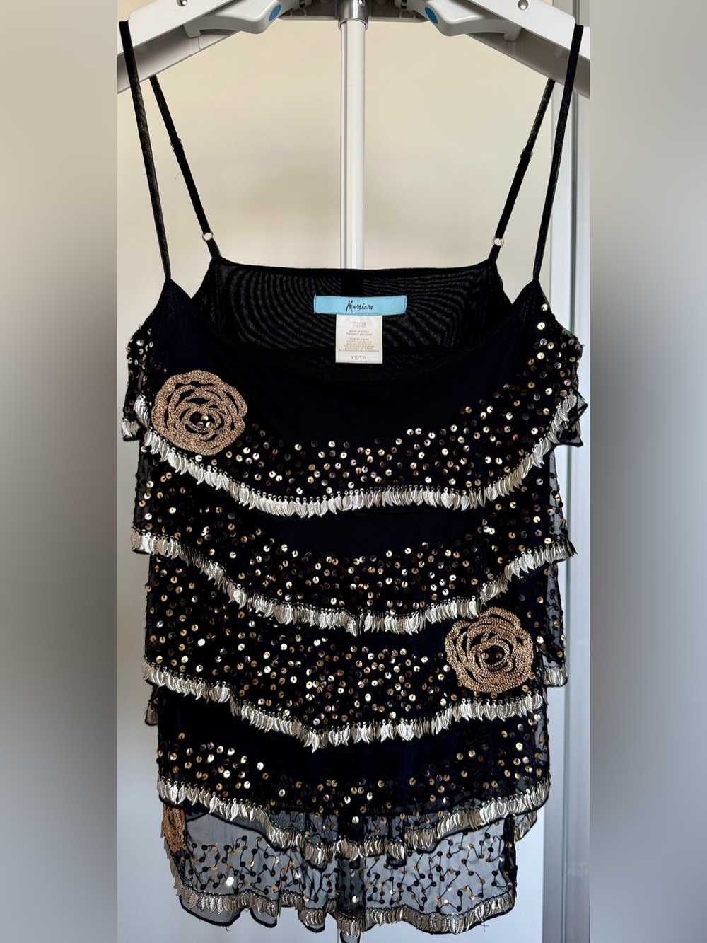 Marciano Black Sequin & Fringe Camisole with Rose Appliqués